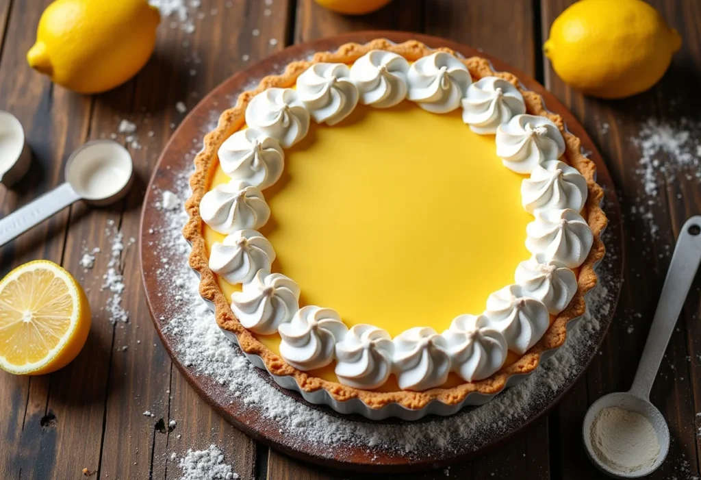 Torta de limão com merengue dourado e ingredientes frescos ao redor.