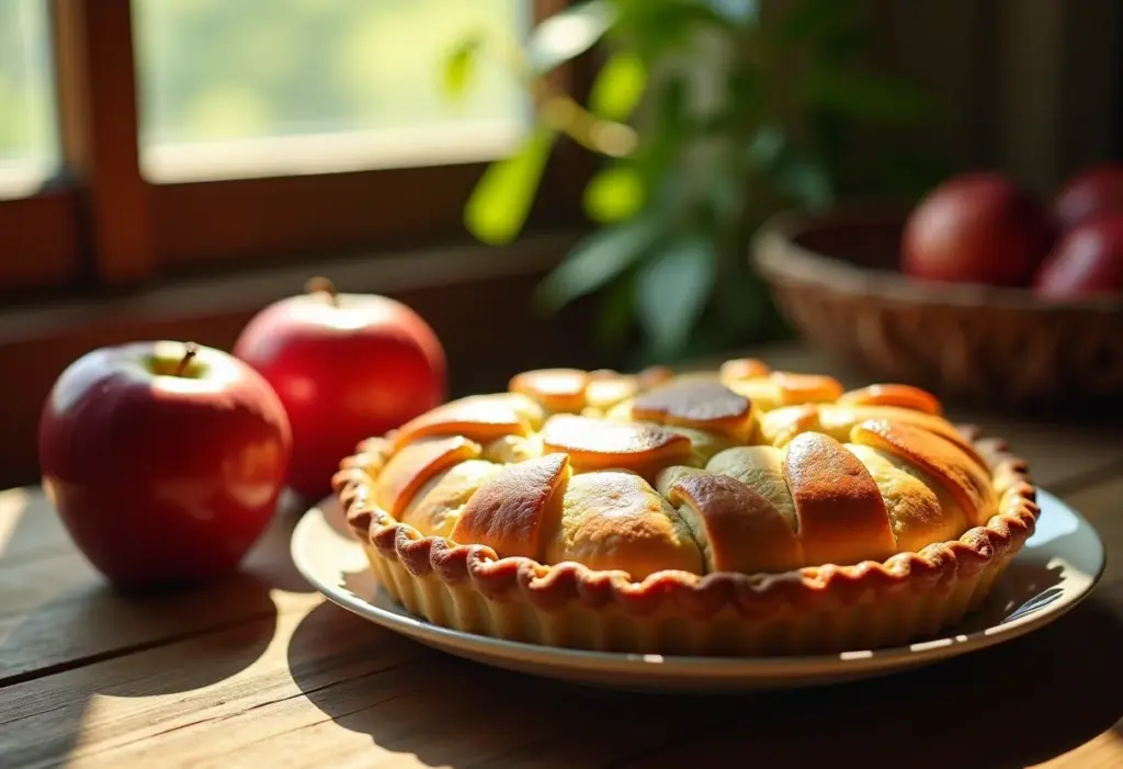 Torta de maçã com massa podre em mesa rústica.