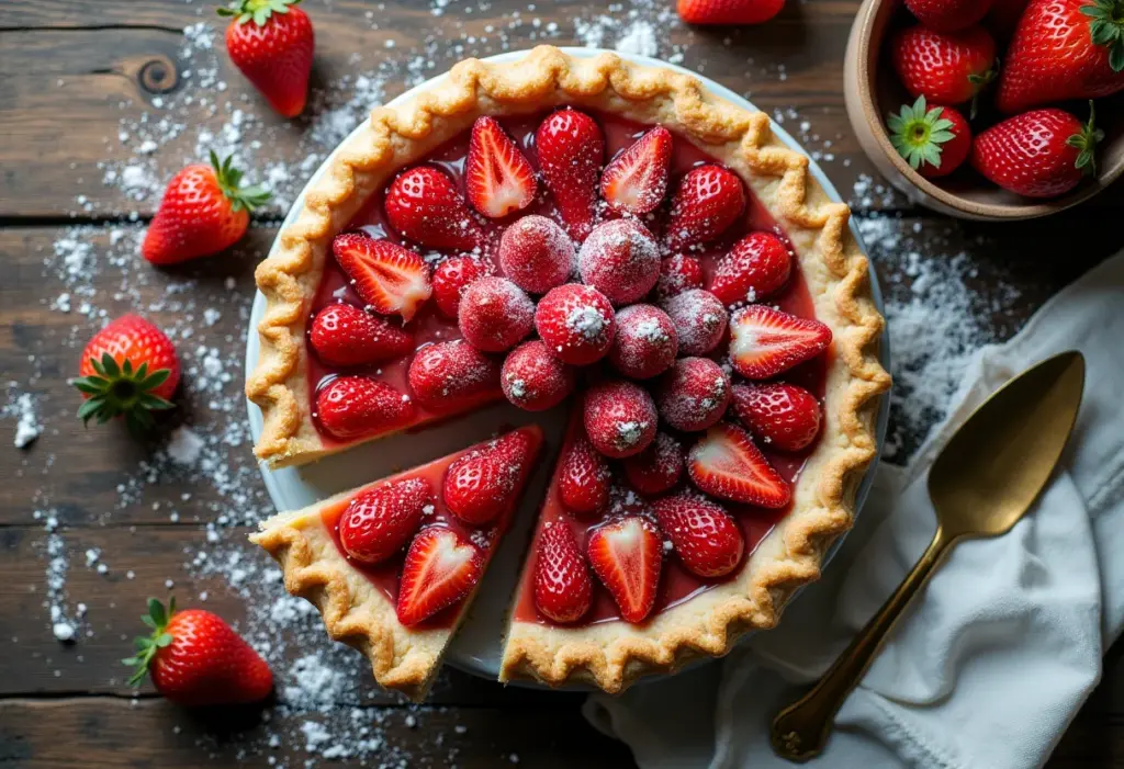 Torta de morango caseira com morangos frescos e ingredientes ao redor