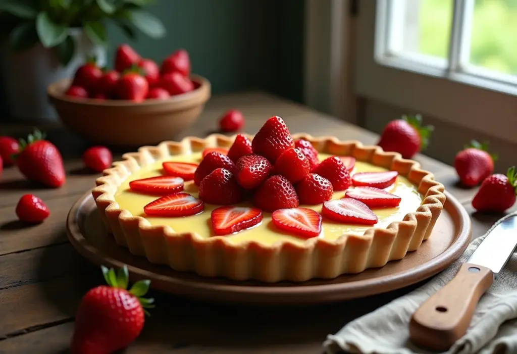 Torta de morango cremosa com massa rústica e nata fresca.
