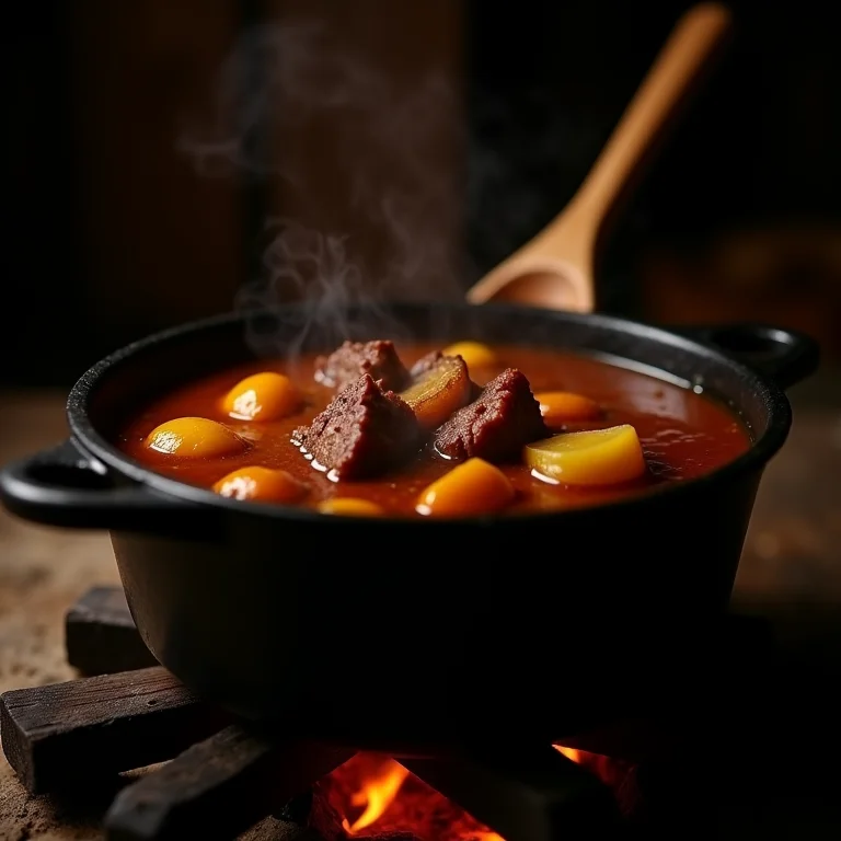 Vaca atolada cozinhando em panela de ferro.