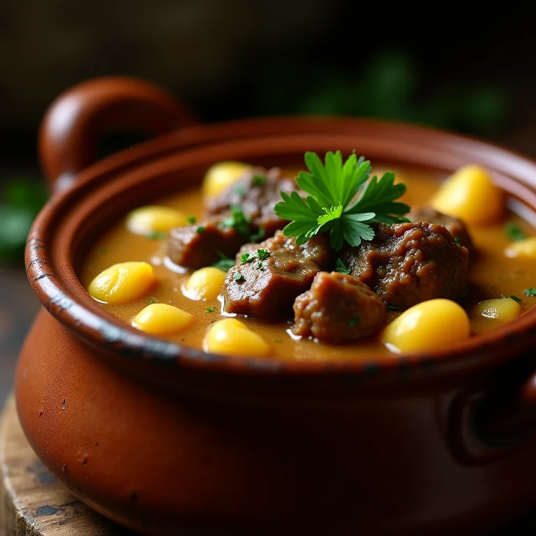 Vaca atolada servida em panela de barro.