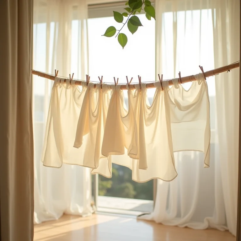 Varal rústico de bambu em varanda ensolarada.