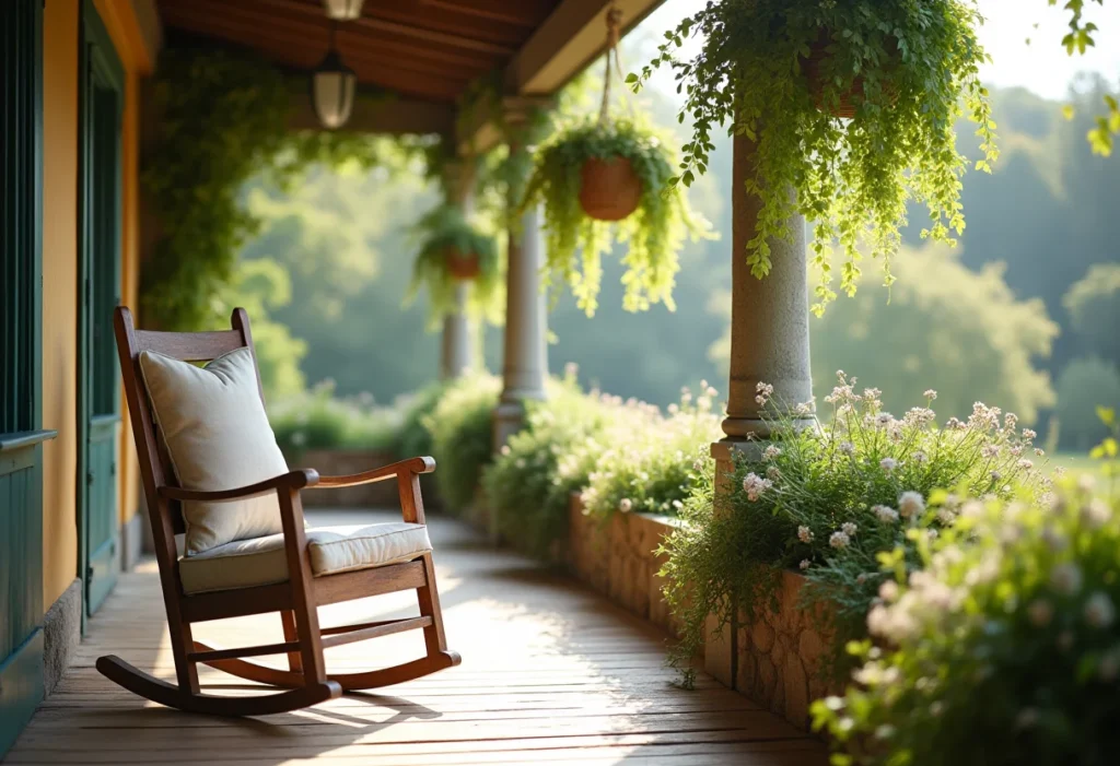 Varanda ensolarada com cadeira de balanço rústica e plantas.