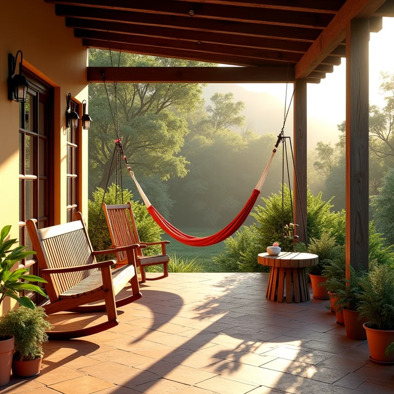 Varanda relaxante com balanço de madeira e plantas
