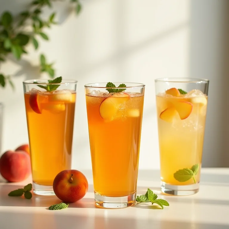 Variações de chá de mate com pêssego em fotografia editorial.