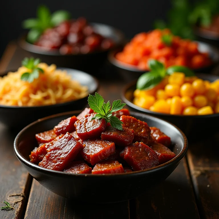 Variações regionais da paçoca de carne seca em diferentes tigelas.