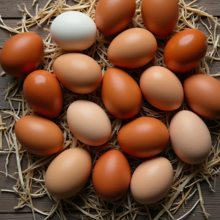 Variedade de raças de galinhas poedeiras e seus ovos coloridos.