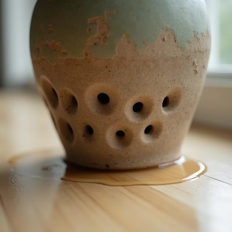 Vaso de cerâmica rústica com drenagem inadequada.