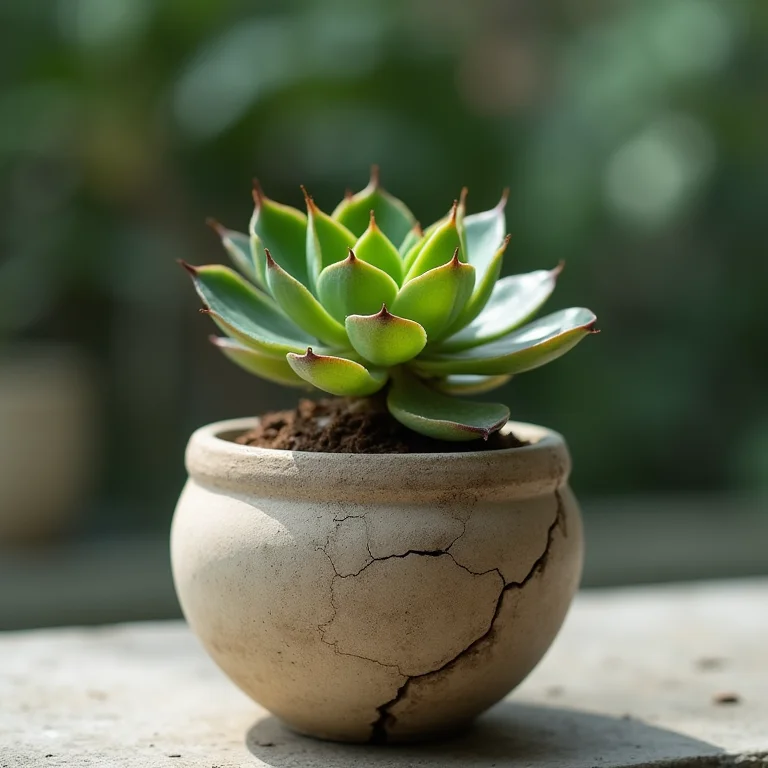 Vaso de cerâmica rústica com suculenta murcha.