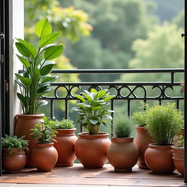Vasos de cerâmica com plantas em sacada decorada