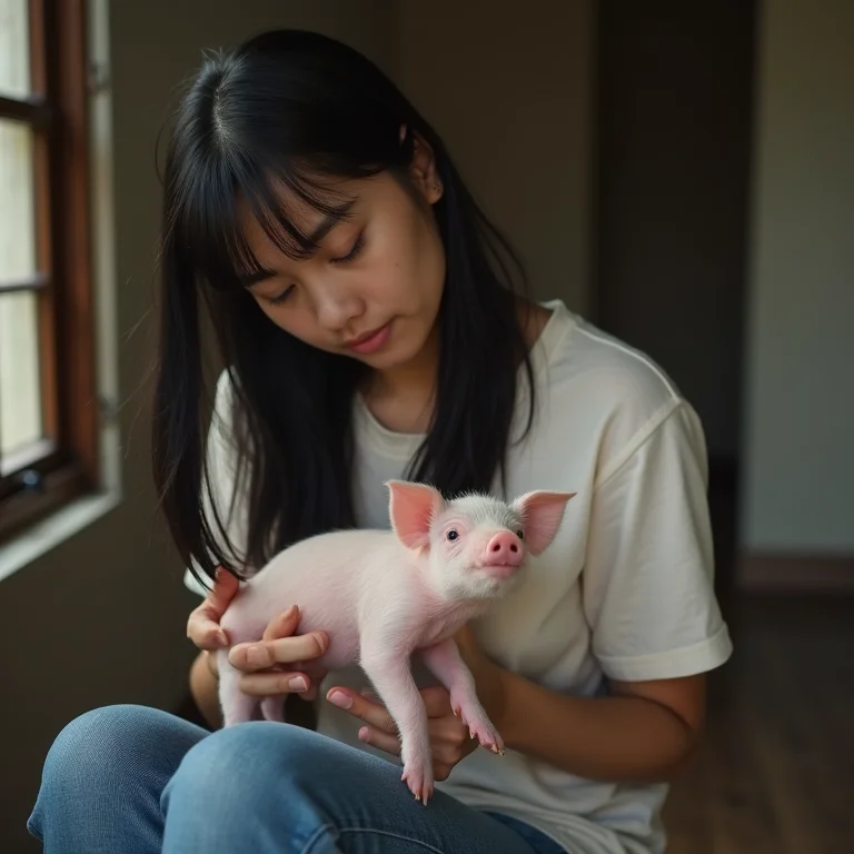 Veterinária examinando a saúde de leitões recém-nascidos.