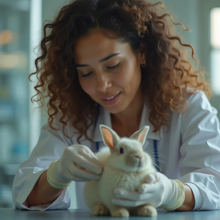 Veterinária examinando a saúde de um coelho.
