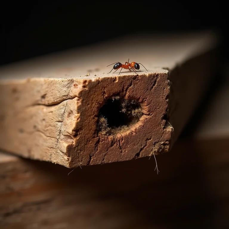 Viga de madeira danificada por formigas carpinteiras.