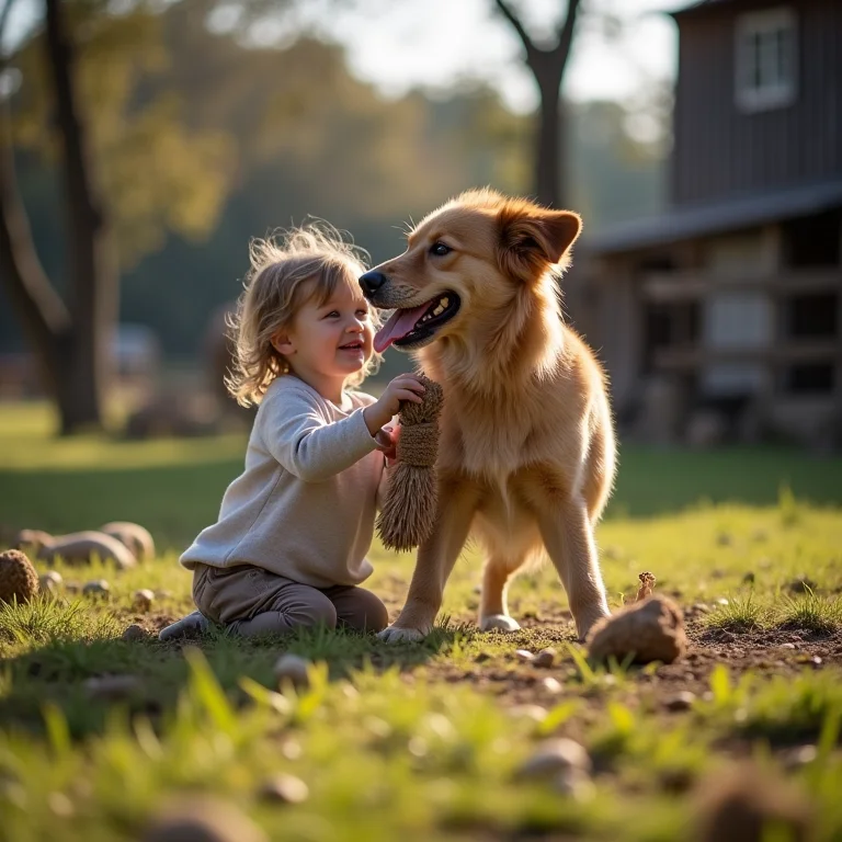 Vira-lata feliz brincando com crianças em um quintal de fazenda
