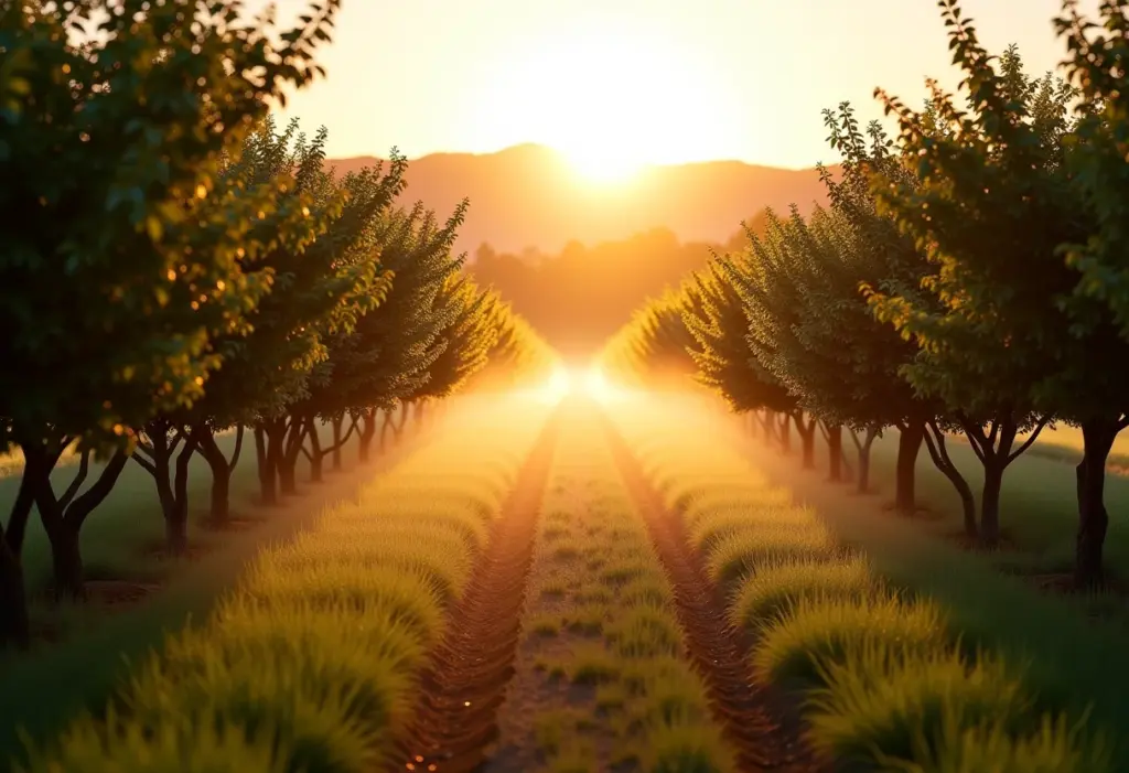 Visão geral de um pomar bem irrigado com sistemas de microaspersão e gotejamento.