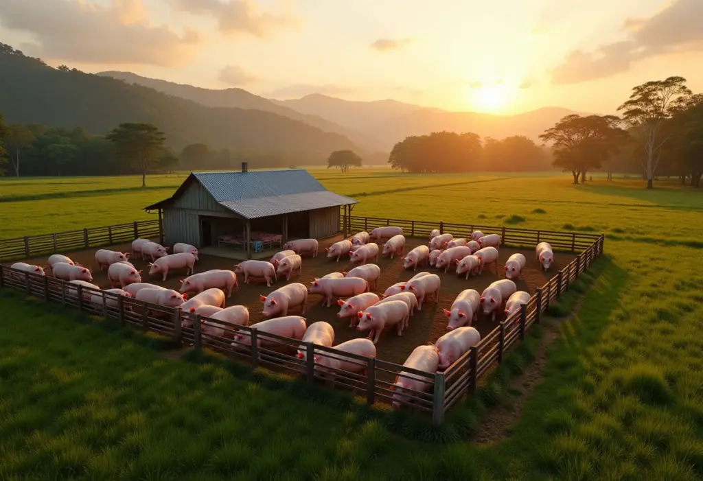 Visão geral de uma criação de porcos no interior do Brasil