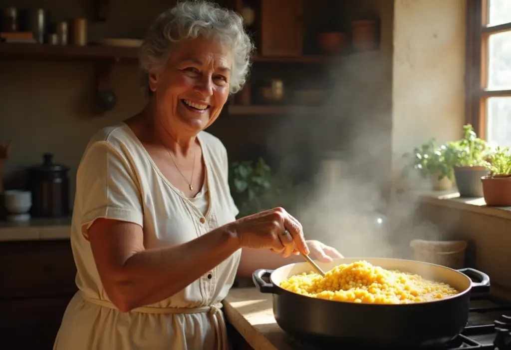 Vó preparando polenta cremosa na cozinha ensolarada.