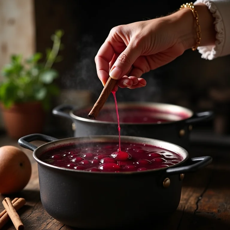 Vovó adicionando o toque secreto à geleia de uva.