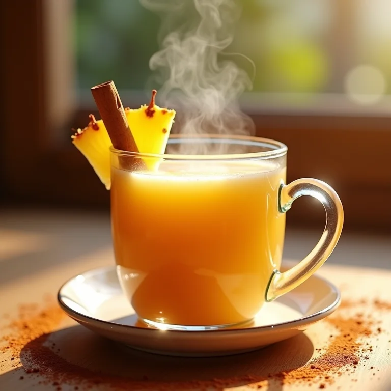 Xícara de chá de abacaxi com coco e canela