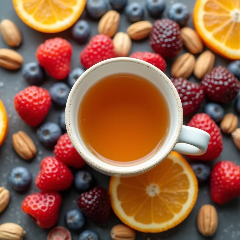 Xícara de chá de baunilha cercada por frutas vermelhas, cítricos e nozes.
