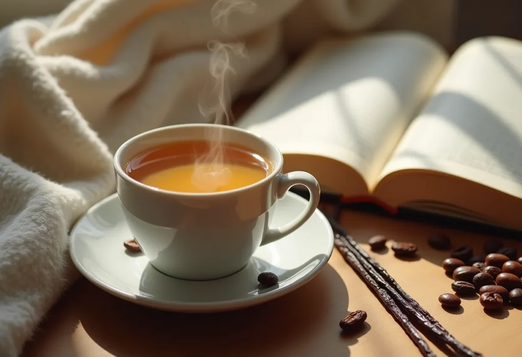 Xícara de chá de baunilha fumegante com favas de baunilha e livro em mesa de madeira.