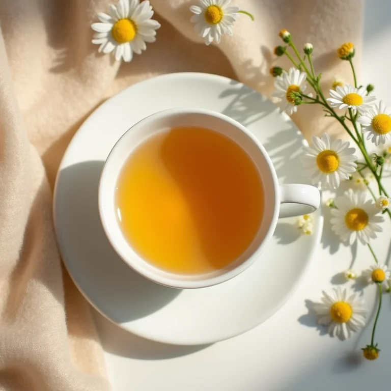 Xícara de chá de camomila com flores e manta de cashmere