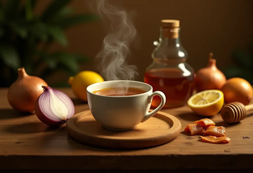 Xícara de chá de cebola em mesa rústica.