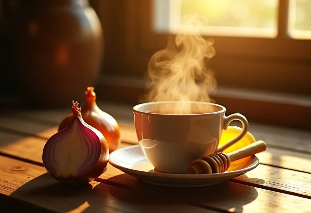 Xícara de chá de cebola fumegante em mesa rústica.