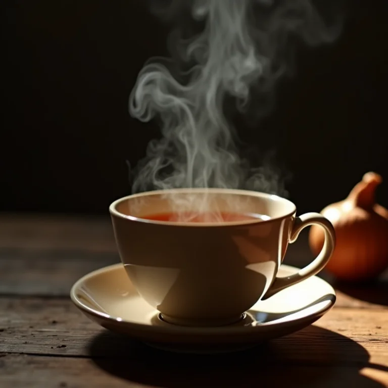 Xícara de chá de cebola fumegante para aliviar a tosse.