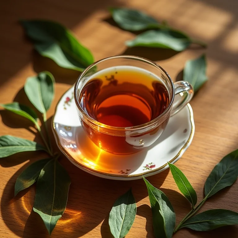 Xícara de chá de chapéu de couro com folhas