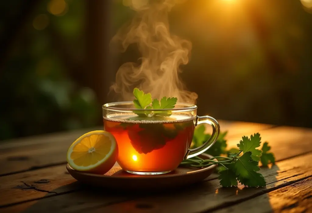 Xícara de chá de coentro com limão em mesa de madeira rústica.