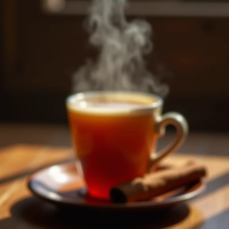 Xícara de chá de cupuaçu com canela fumegante.