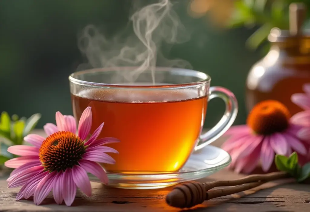 Xícara de chá de Equinácea fumegante com flores e mel ao lado.