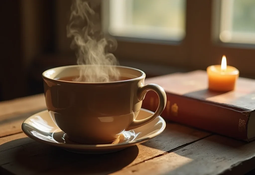 Xícara de chá de erva doce com canela fumegante em ambiente relaxante