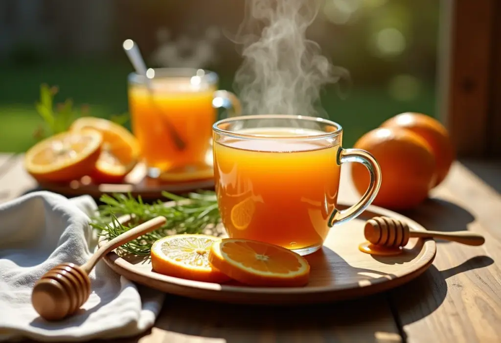 Xícara de chá de erva-doce com laranja em mesa rústica