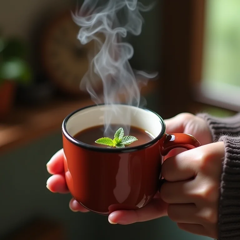 Xícara de chá de menta com chocolate nas mãos.
