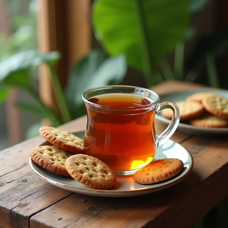 Xícara de chá de orégano ao lado de biscoitos digestivos em mesa de madeira.
