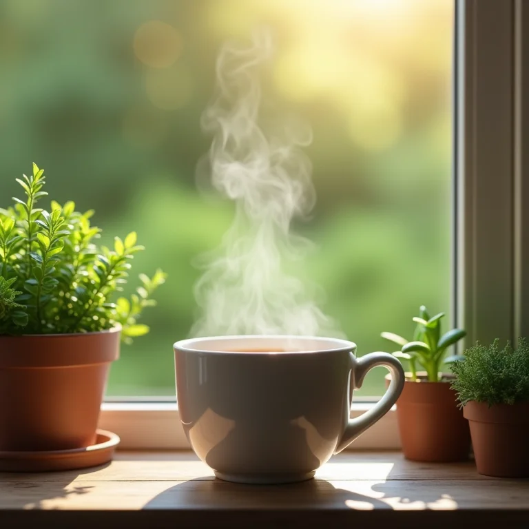Xícara de chá de orégano fumegante ao lado de uma janela com jardim ao fundo.