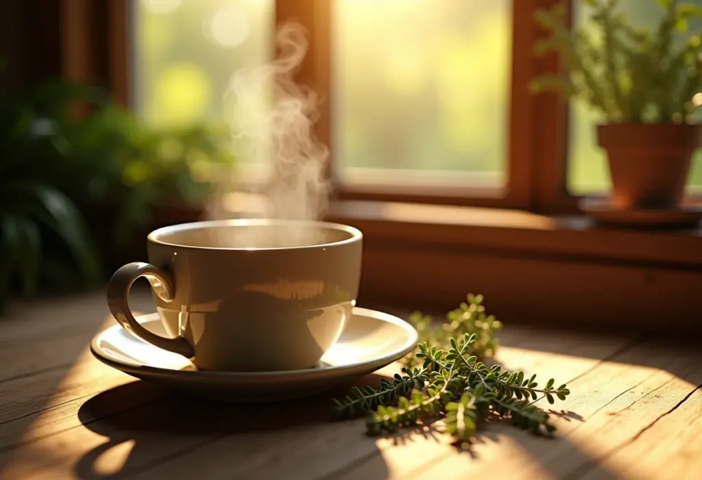 Xícara de chá de orégano fumegante em mesa de madeira rústica