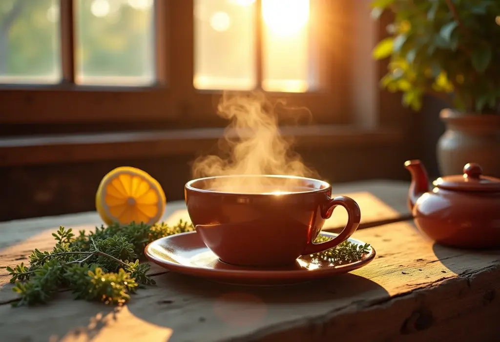 Xícara de chá de orégano fumegante em mesa de madeira rústica.