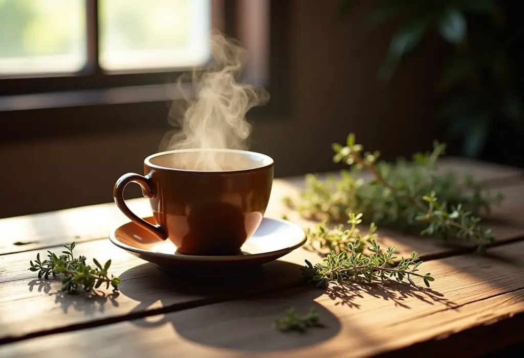 Xícara de chá de orégano fumegante em mesa de madeira rústica