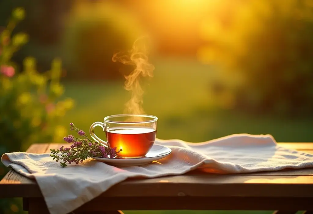 Xícara de chá de verbena em mesa rústica ao ar livre