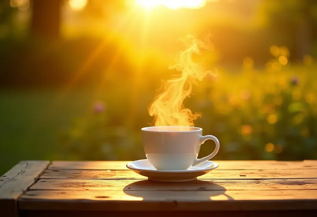 Chá de Verbena: O segredo para noites tranquilas e sem insônia Xícara de chá de verbena fumegante em mesa de madeira rústica.