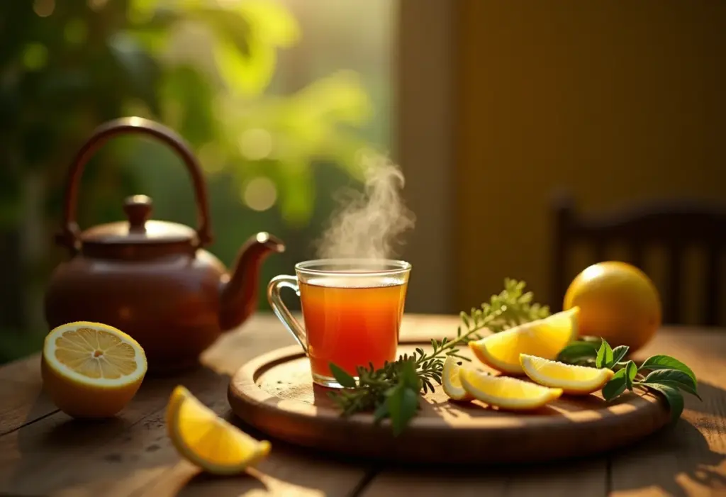 Xícara de chá de verbena fumegante em mesa rústica.
