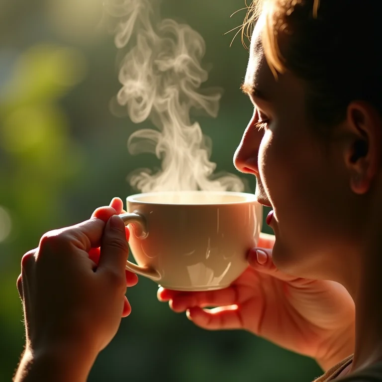 Xícara de chá de verbena sendo segurada perto da testa para aliviar dor de cabeça.