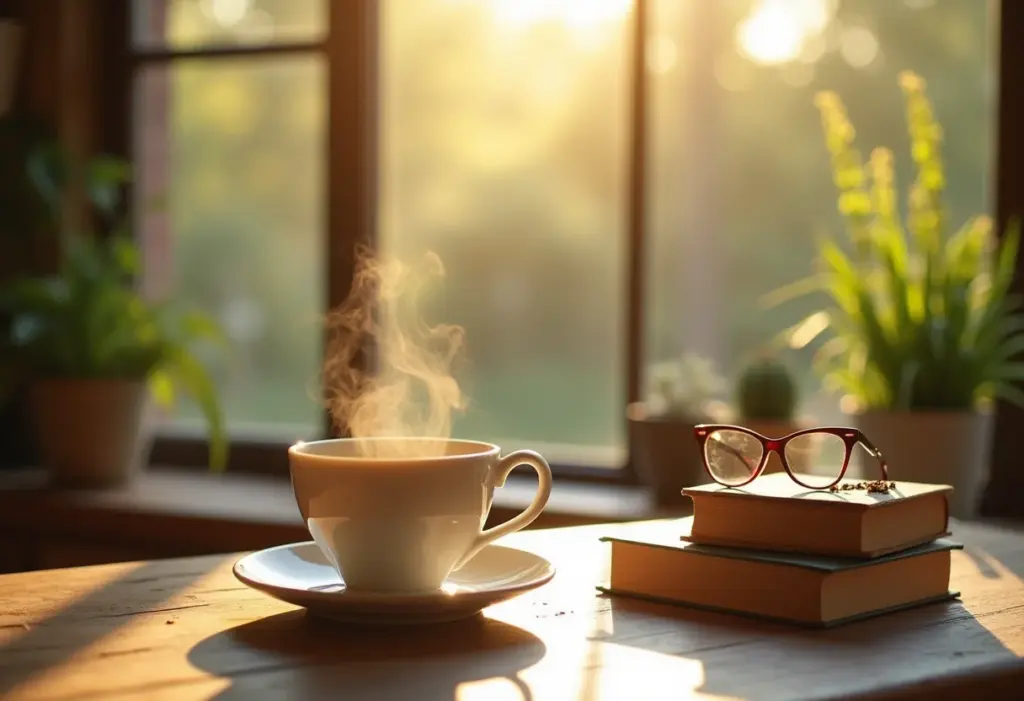 Xícara de chá fumegante sobre mesa de madeira com livros e óculos