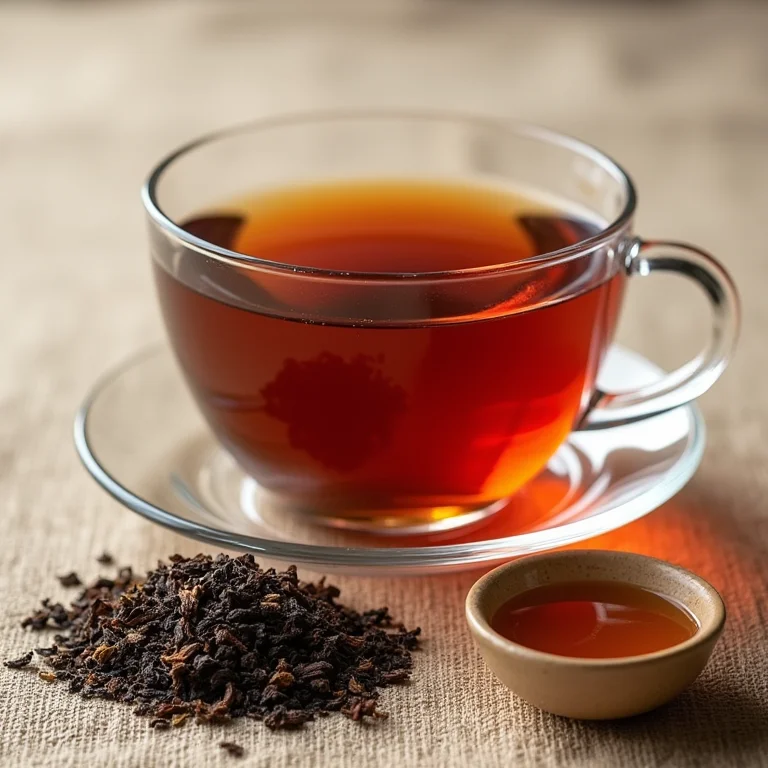 Xícara de chá preto com folhas de chá e mel