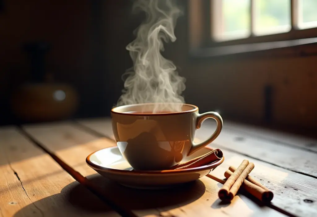 Xícara fumegante de chá de cupuaçu com canela em mesa rústica de madeira.