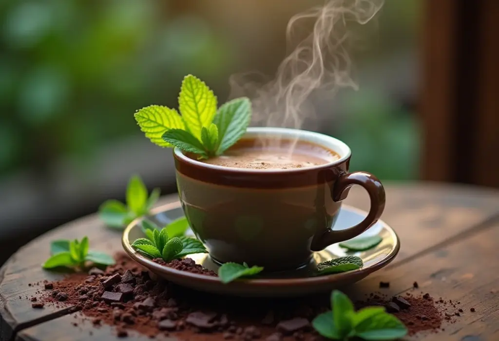 Xícara fumegante de chá de hortelã com chocolate
